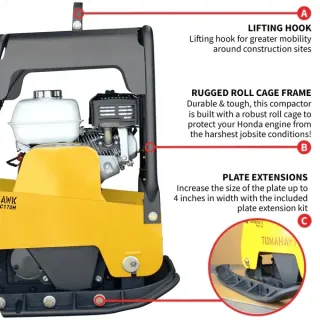 Reversible Plate Compactor – Honda GX200 – 6.5 HP – 7,000 lbs/ft_ W/ Free Vibration Impact Ironclad Gloves