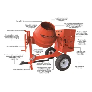 12 Cu Ft Concrete Mixer| Crown | Steel Drum | Baldor Electric | Towable