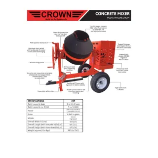 9 Cu Ft Cement Mixer | Crown | Poly-Drum | Baldor Electric | Towable
