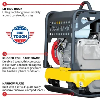 Reversible Plate Compactor – Honda GX160 – 5.5 HP – 3,500 lbs/ft_ W/ Free Vibration Impact Ironclad Gloves
