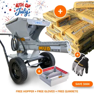 MudMixer Evolution 3225 Continuous Concrete Mixer – 4th of July Bundle | FREE Hopper, FREE Gloves & FREE 1,200 lbs Quikrete