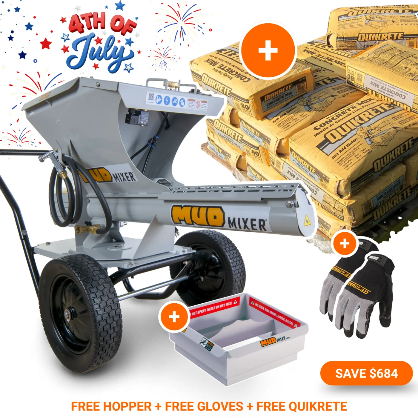 MudMixer Evolution 3225 Continuous Concrete Mixer – 4th of July Bundle | FREE Hopper, FREE Gloves & FREE 1,200 lbs Quikrete MudMixer Evolution 3225 Continuous Concrete Mixer – 4th of July Bundle | FREE Hopper, FREE Gloves & FREE 1,200 lbs Quikrete