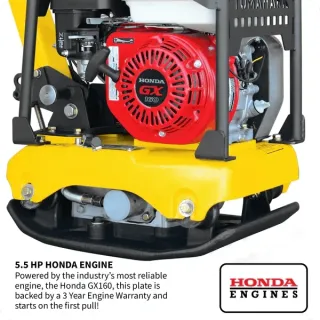 Reversible Plate Compactor – Honda GX160 – 5.5 HP – 3,500 lbs/ft_ W/ Free Vibration Impact Ironclad Gloves