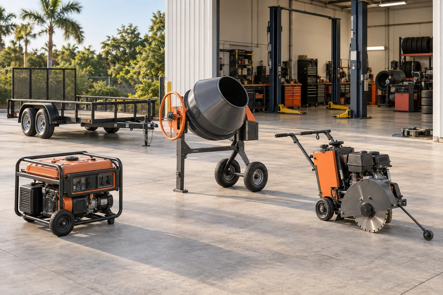 Construction, generator, workshop and trailer equipment in a broad equipment scene